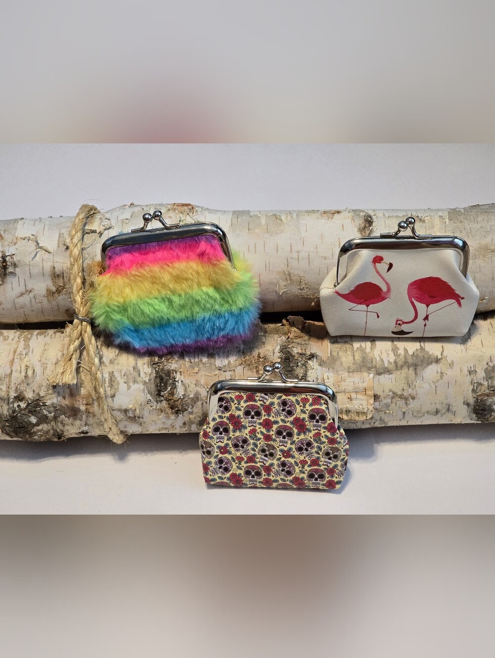 👛 Boutique Coin Purse Lot 3pc Rainbow Fur Skull Flamingo Clasp 🌈🦩